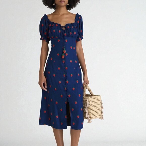 Farm Rio strawberry cross stitch midi dress Size Small - Picture 1 of 12